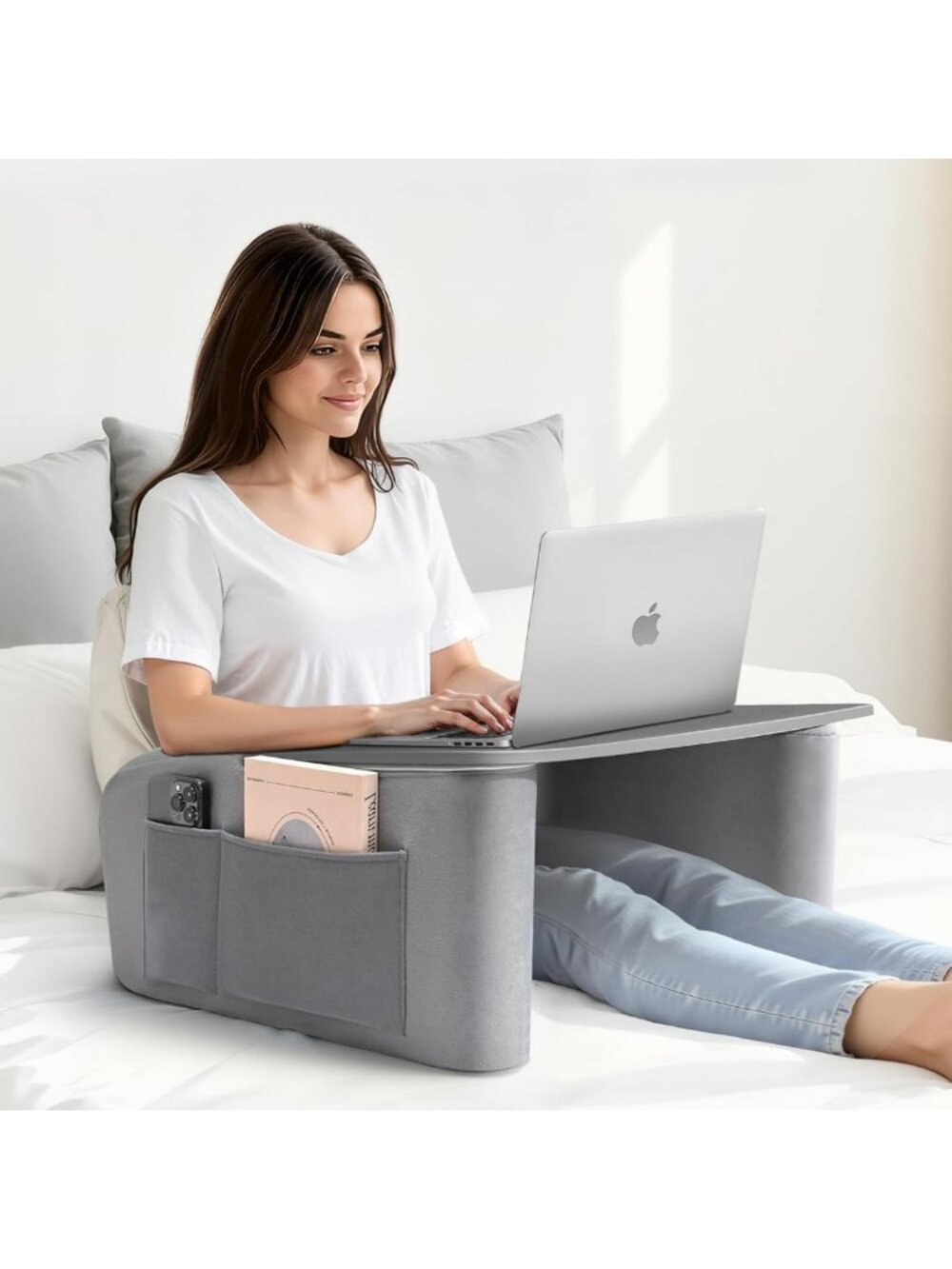Cozy Reading Pillow with Arm Rests & Lap Desk for Bed, Couch, & Relaxation